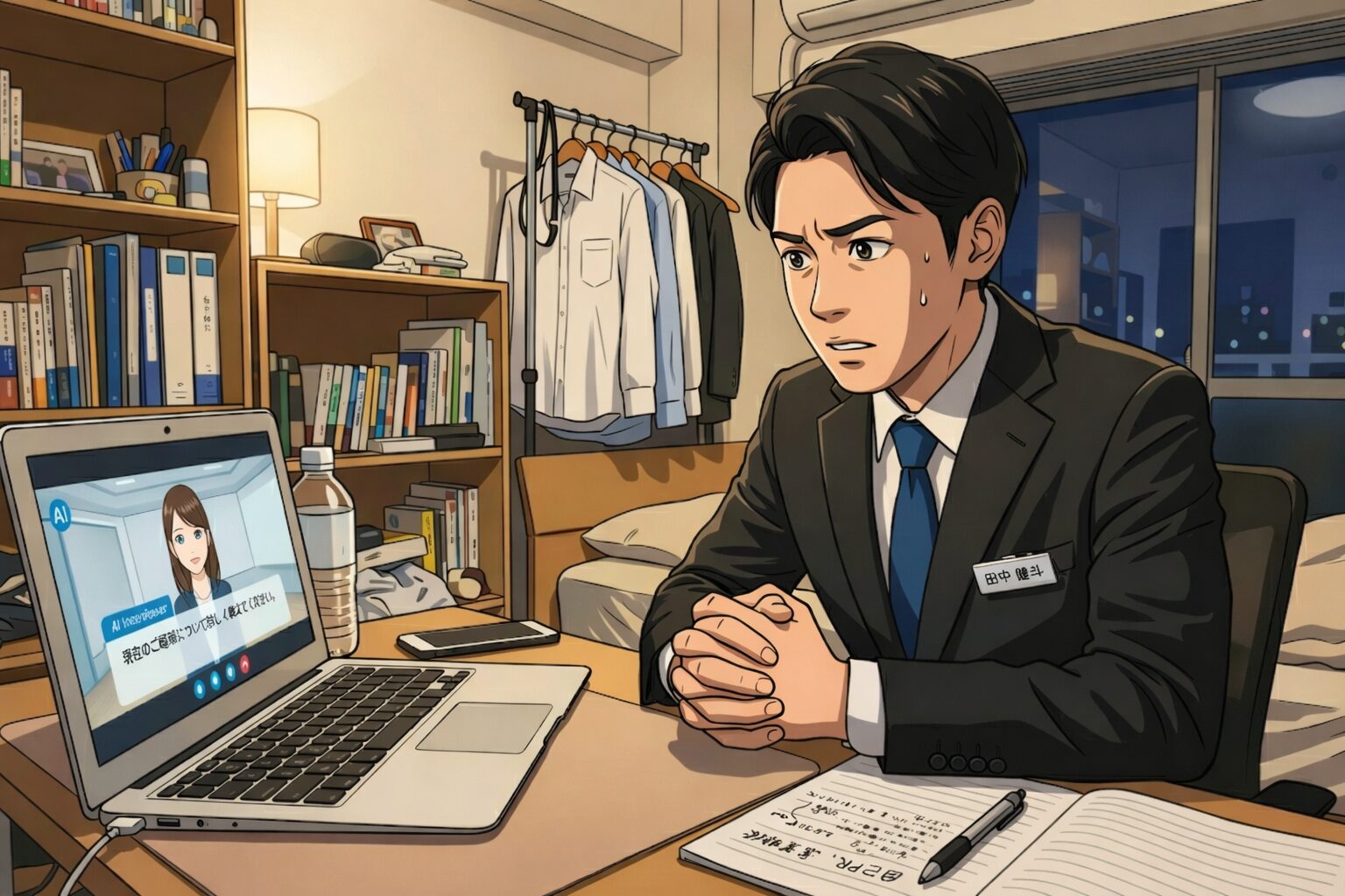 PCのカメラに向かってガチガチに緊張しながらAI面接を受けている就活生のイメージ画像