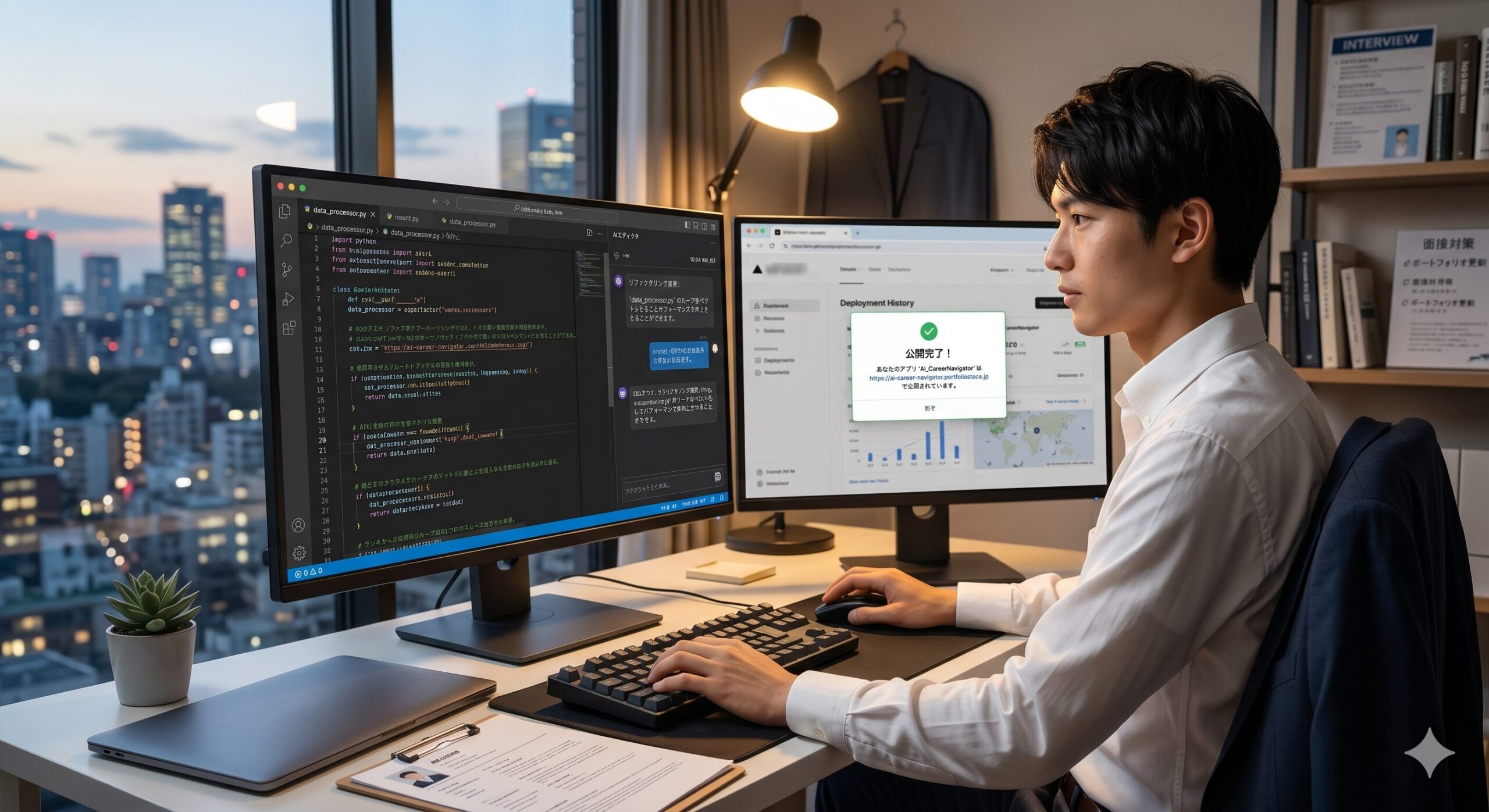 PC画面に向かってAIエディタとクラウド環境を操作し、アプリを公開している就活生のイメージ画像