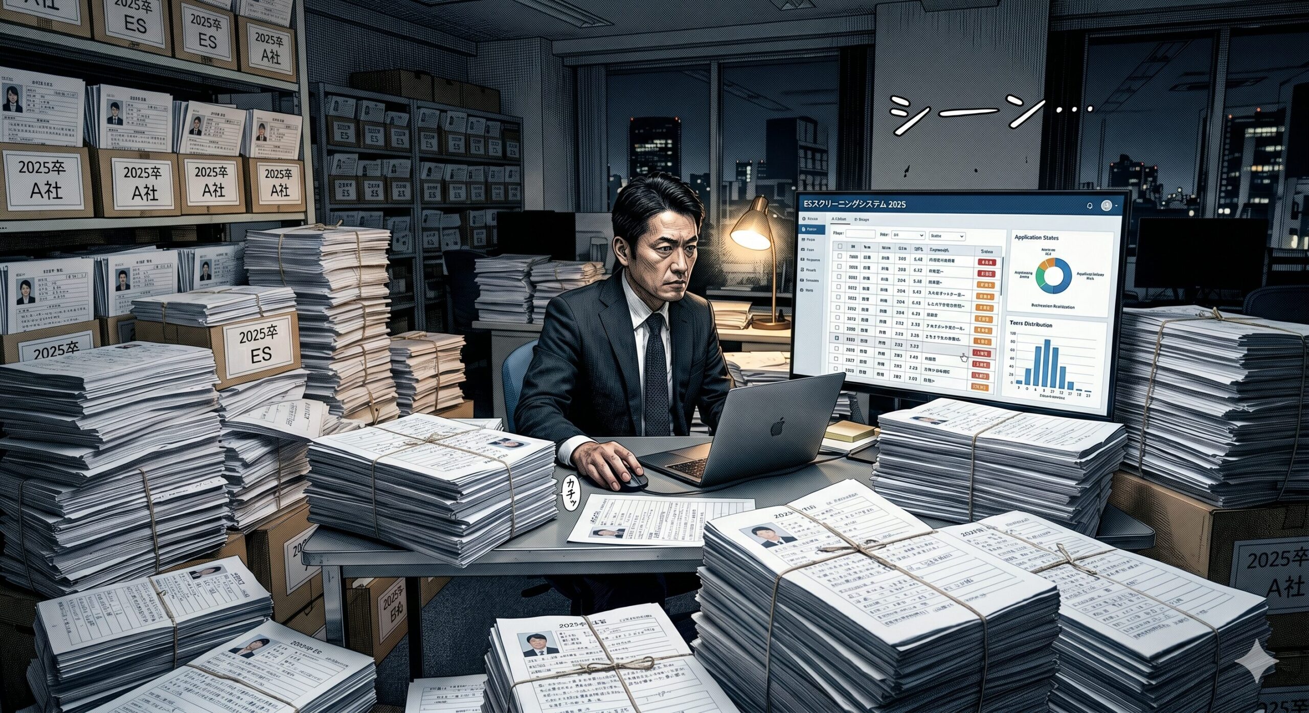 何万枚ものESの束と、それをPCのデータ分析画面で冷酷にスクリーニングしている人事のイメージ画像