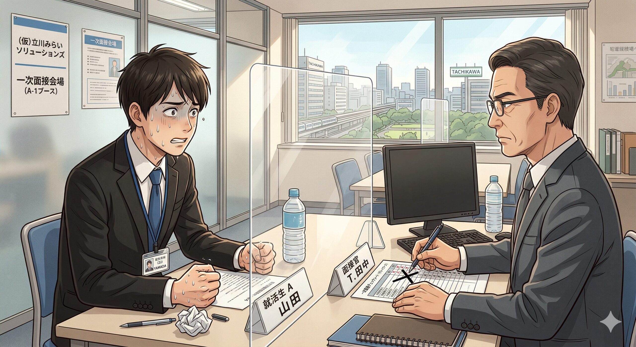 緊張した面持ちで一次面接を受ける就活生と、手元のチェックシートに無表情でバツをつける面接官のイメージ