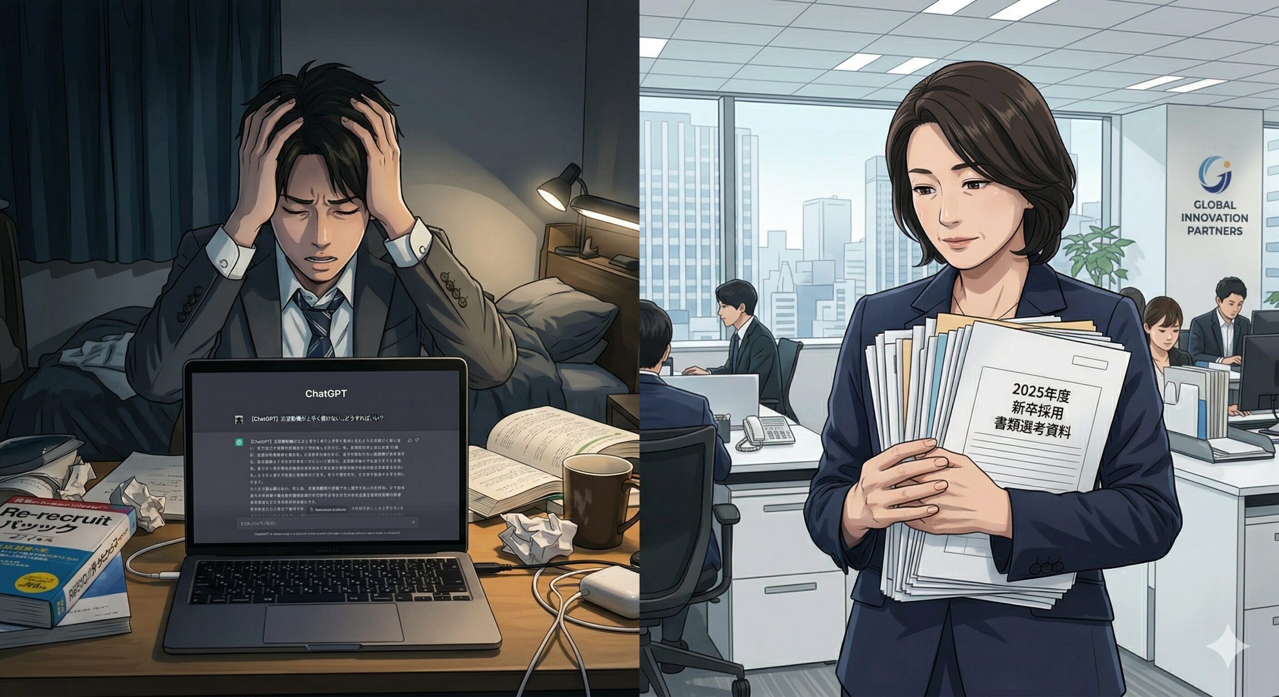 ChatGPTの画面を前に頭を抱える就活生と、書類選考の束を持つ人事の対比イメージ