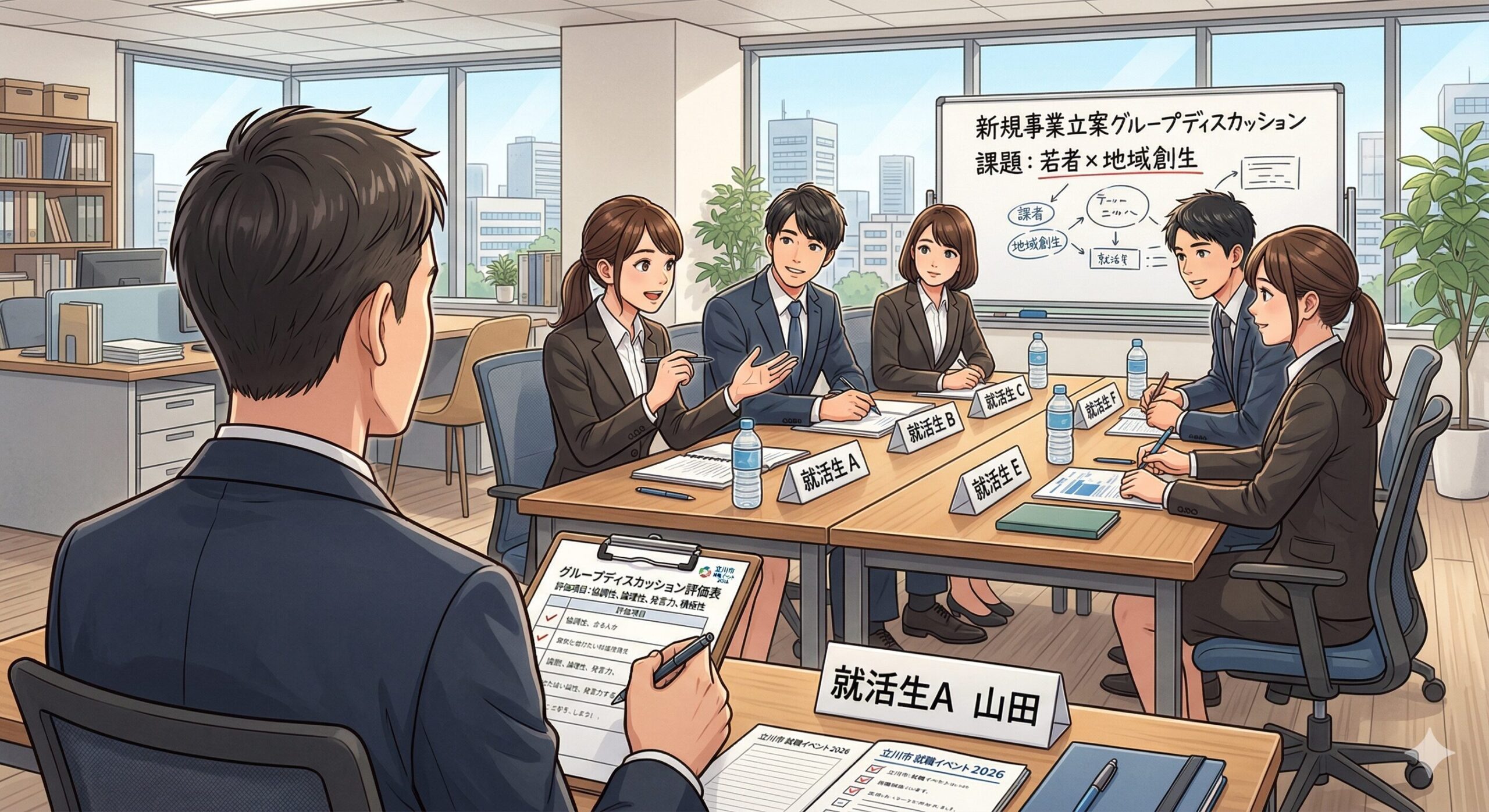 複数の就活生が議論している様子と、それを後ろで見守る試験官の視点