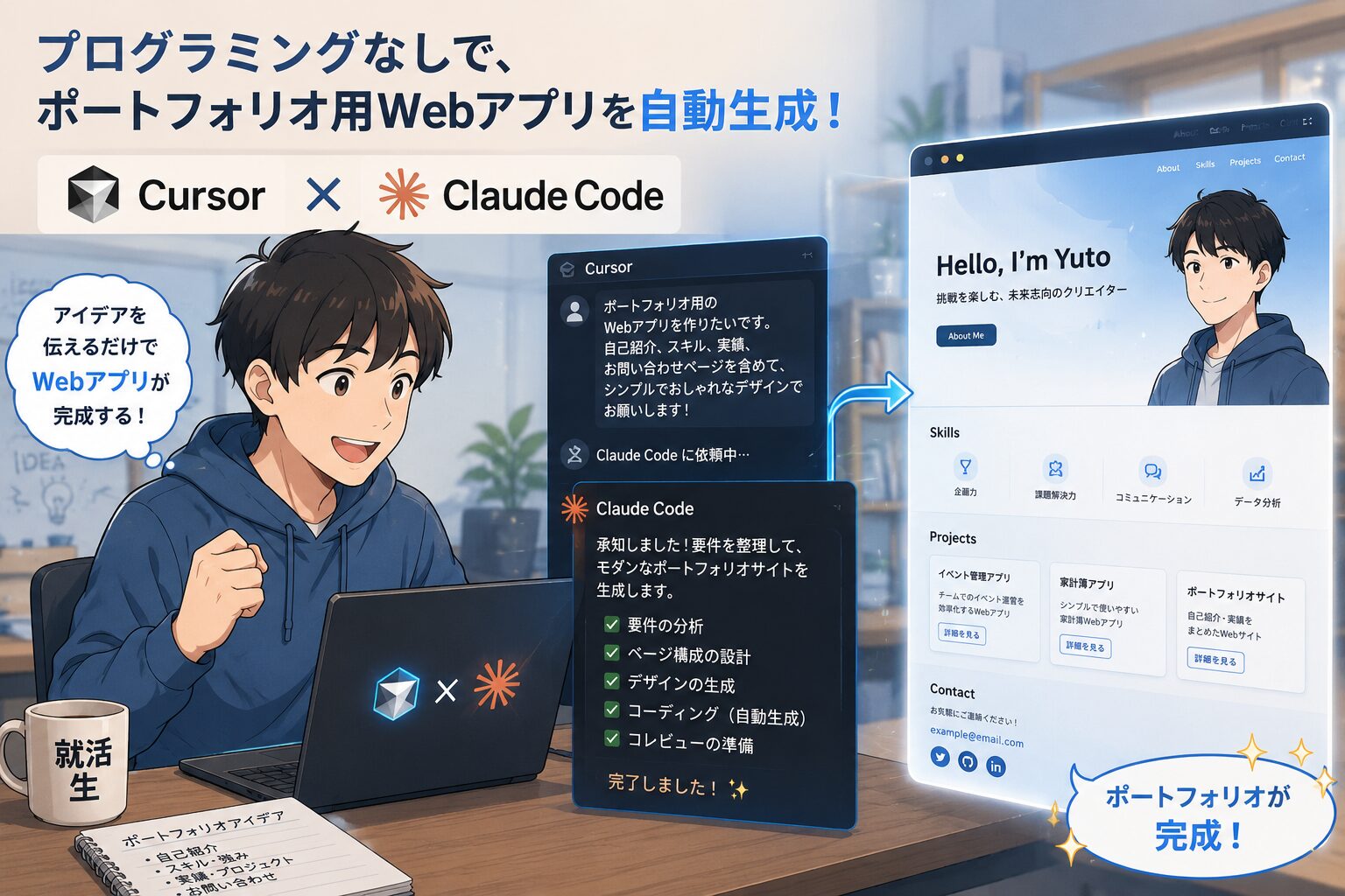 CursorとClaude Codeを使って、就活生がプログラミングなしでポートフォリオ用Webアプリを自動生成しているイメージ画像
